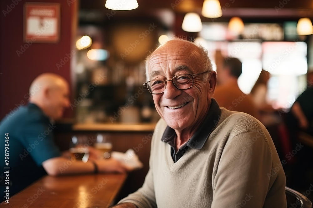 Portrait of smiling senior man sitting in pub, looking at camera. Portrait of smiling senior man sitting in pub, looking at camera.