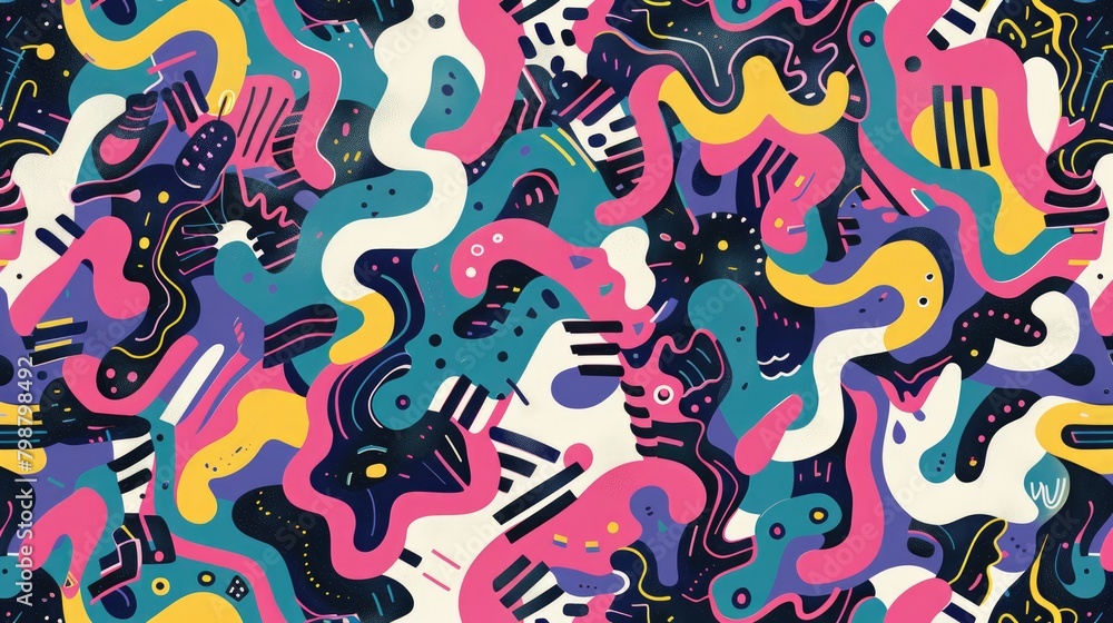 Illustrate a repeating pattern of abstract shapes and squiggles arranged in a kaleidoscopic formation, capturing the psychedelic aesthetic of 80's and 90's counterculture.
