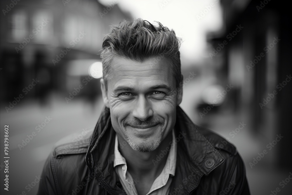 Portrait of a handsome man smiling in the city. Black and white. Portrait of a handsome man smiling in the city. Black and white.
