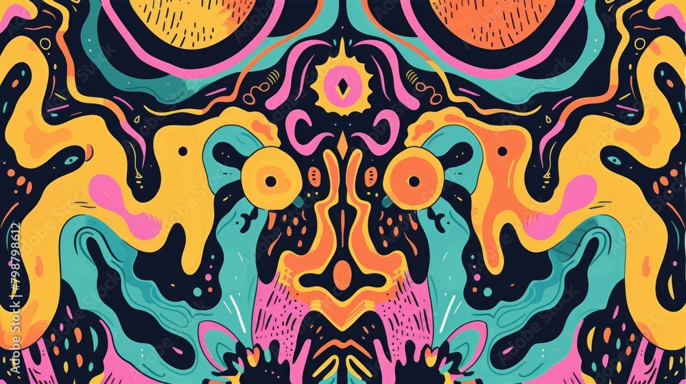 Illustrate a repeating pattern of abstract shapes and squiggles arranged in a kaleidoscopic formation, capturing the psychedelic aesthetic of 80's and 90's counterculture.