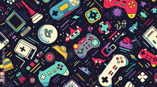 Imagine a seamless pattern background inspired by 90's video game graphics, featuring pixelated characters, power-ups, and game controllers arranged in a dynamic pattern.