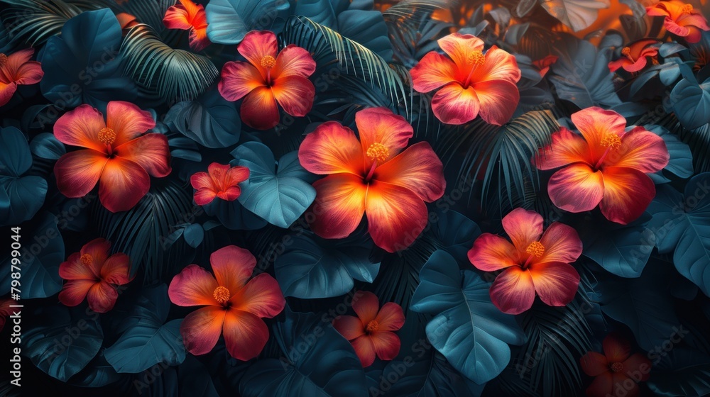 tropical leaves and flowers wallpaper background