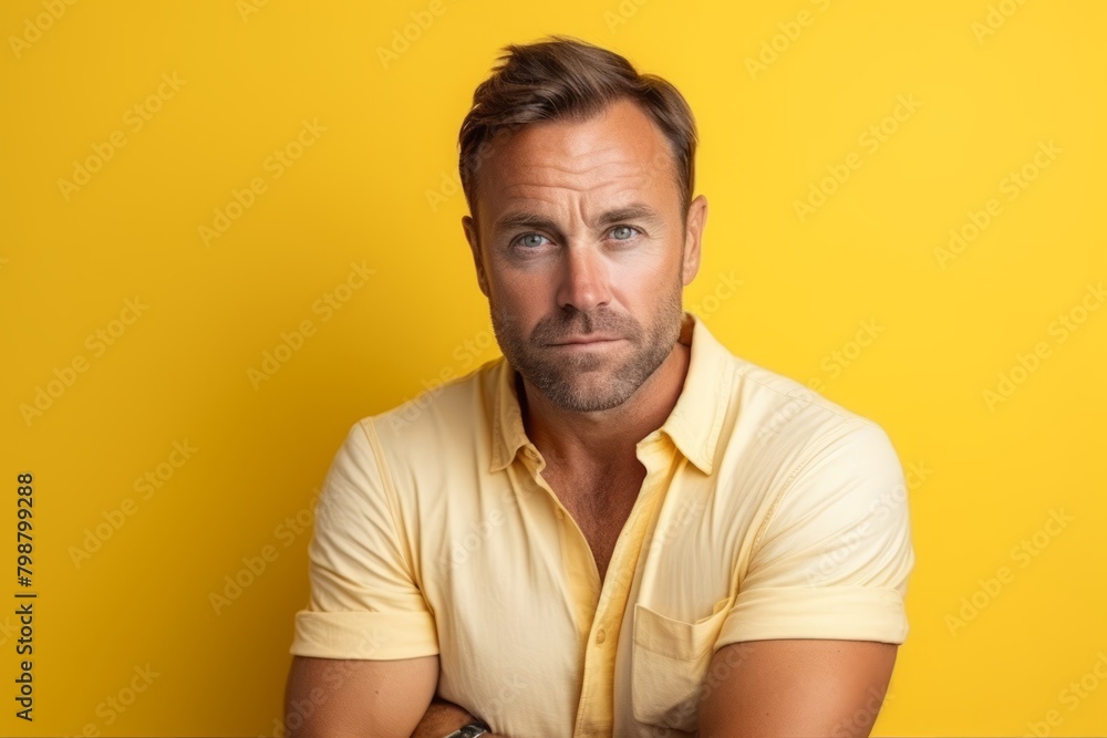 Portrait of a pensive man looking at camera over yellow background Portrait of a pensive man looking at camera over yellow background
