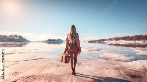 young blonde girl with a backpack travels UHD WALLPAPER © Aqib