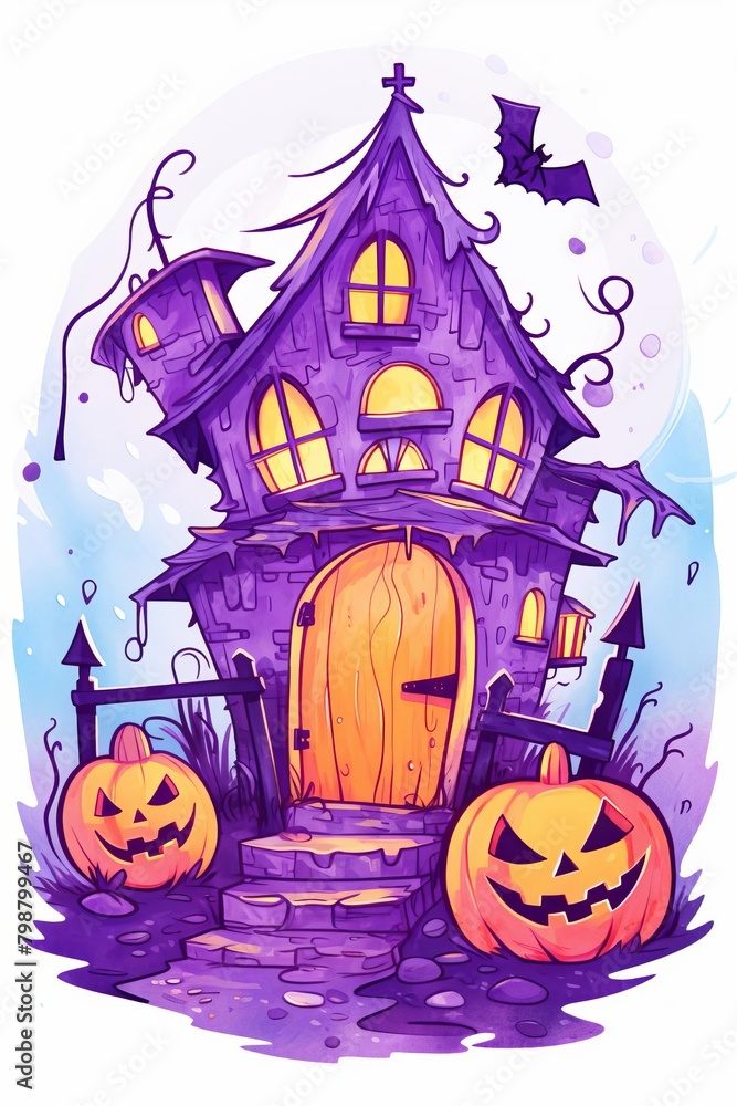 Fototapeta premium Halloween haunted house watercolor, creepy Halloween haunted house watercolor