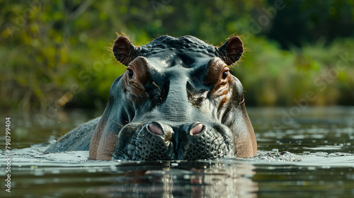 A large hippopotamus relaxing in water, partially submerged 