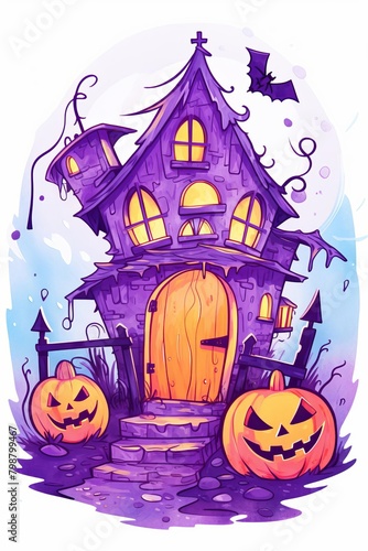 Halloween haunted house watercolor, creepy Halloween haunted house watercolor