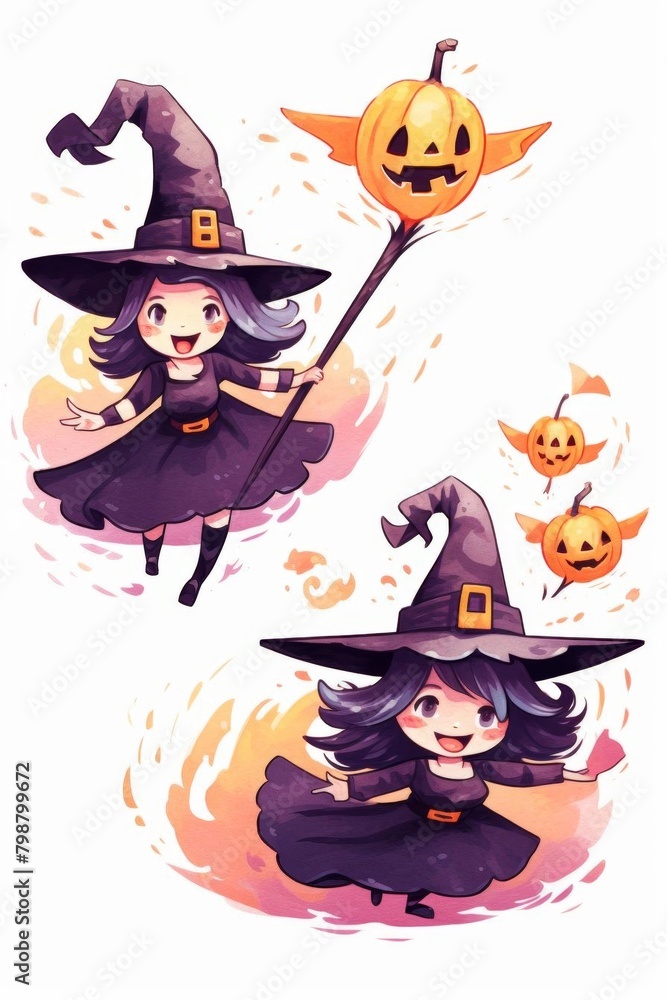 Halloween witches watercolor, flying Halloween witches watercolor