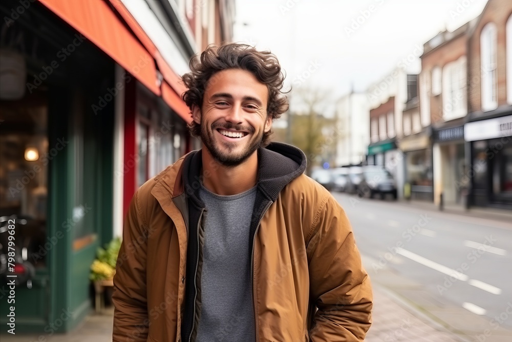 Portrait of a handsome young man smiling at the camera in a street