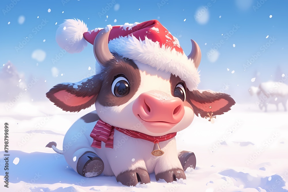 cute cartoon cow wearing christmas hat in the snow