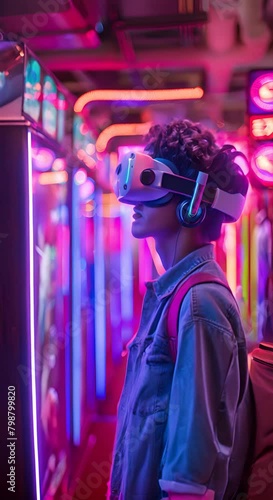 A young man wearing a virtual reality headset is standing in an arcade. photo