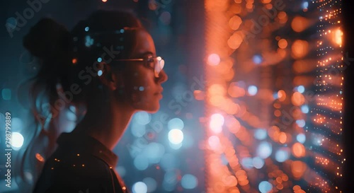A young woman standing in front of a large digital screen, looking at it thoughtfully. She is wearing glasses and has her hair in a ponytail.