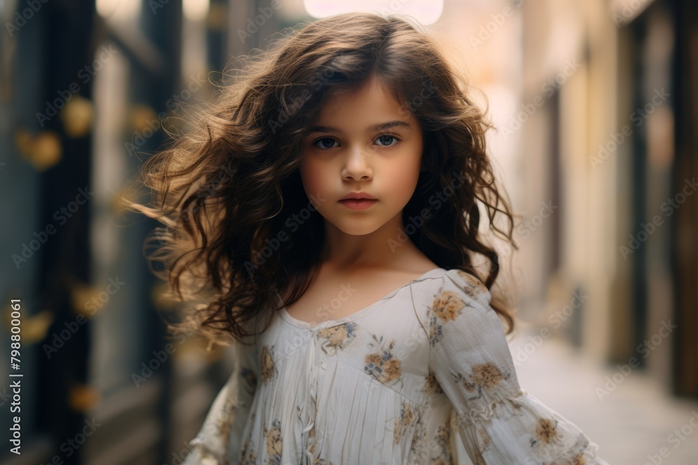 Portrait of a beautiful little girl with long curly hair in a white dress. Portrait of a beautiful little girl with long curly hair in a white dress.