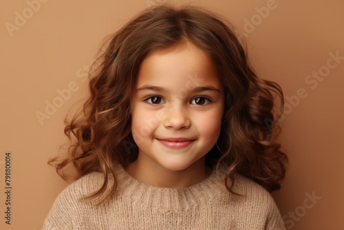 Portrait of a cute little girl with curly hair on a brown background