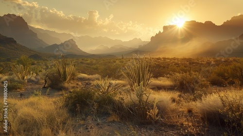 Muted tones of amber and rust fill the air as the sun sets behind the rugged peaks of the desert mountains..