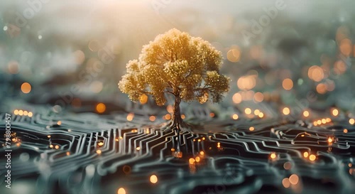 Circuit board with a tree growing out of it.