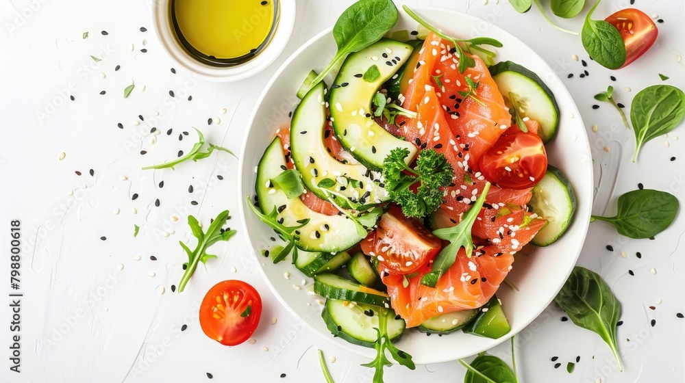 Salad made with fresh salmon avocado cucumber sesame seeds olive oil tomatoes and herbs seen from above on a white background Salad made with fresh salmon avocado cucumber sesame seeds olive oil tomatoes and herbs seen from above on a white background