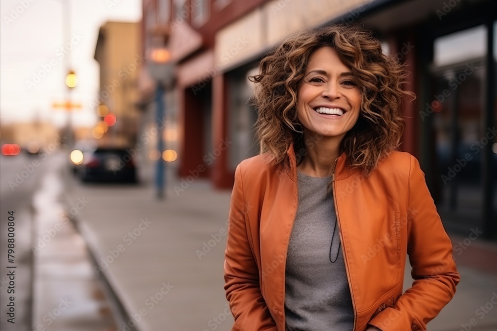 Portrait of a beautiful young woman with curly hair smiling on the street