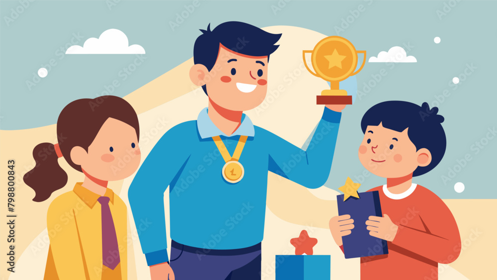 A proud parent beaming as their child receives a shiny gold medal for reaching their reading goal a symbol of their hard work and dedication. A proud parent beaming as their child receives a shiny gold medal for reaching their reading goal a symbol of their hard work and dedication.