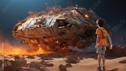 youth observing a spacecraft wreckage UHD WALLPAPER