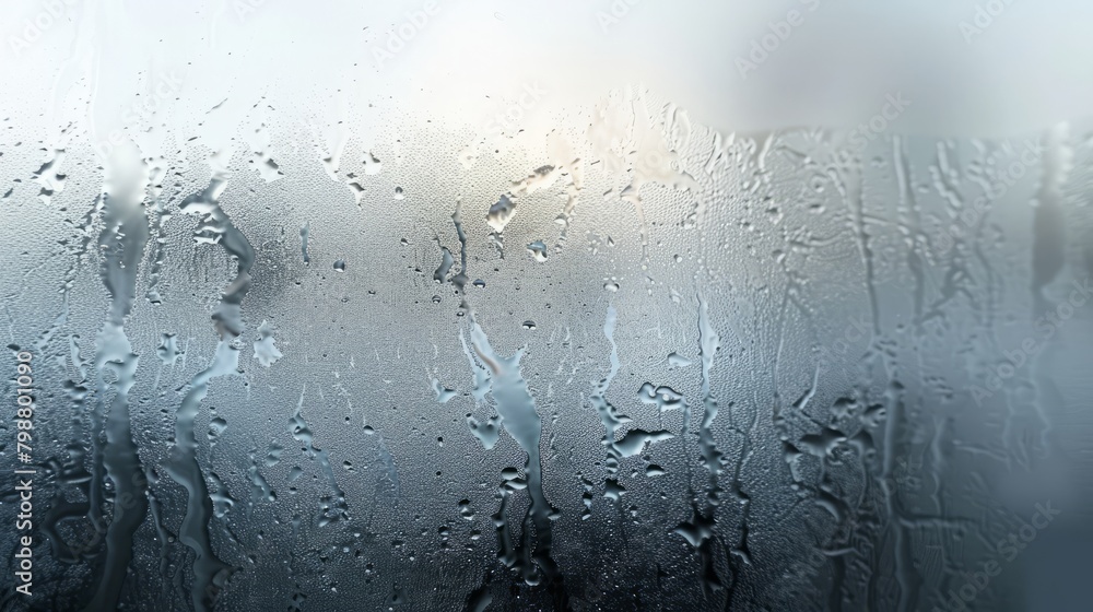 Water drops streaming on a window glass with grey city silhouette on background. Generative AI Water drops streaming on a window glass with grey city silhouette on background. Generative AI