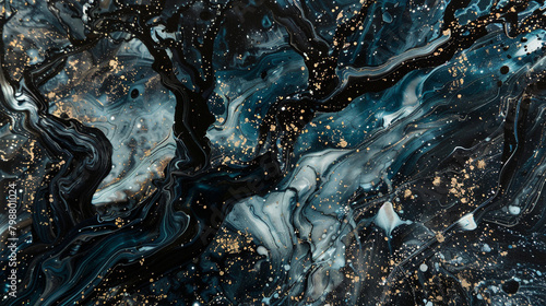 Moonlit forest marble ink drifting through a somber abstract setting, speckled with subdued glitters. photo