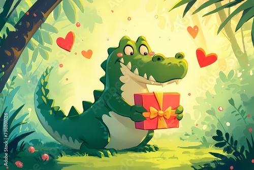 Cute cartoon crocodile with Valentine s gift