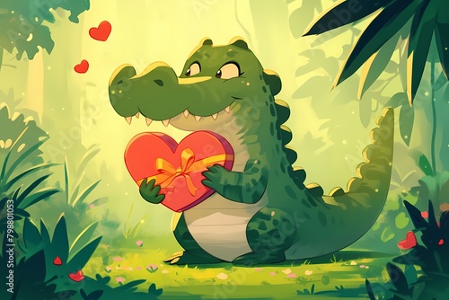 Cute cartoon crocodile with Valentine s gift