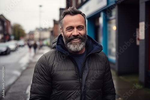 Portrait of a handsome mature man with a beard in the city