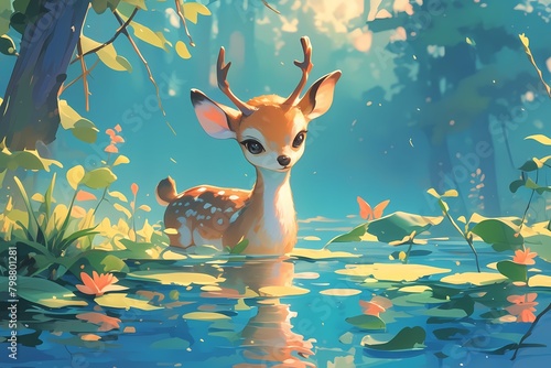 cute deer cartoon in river water © Yoshimura