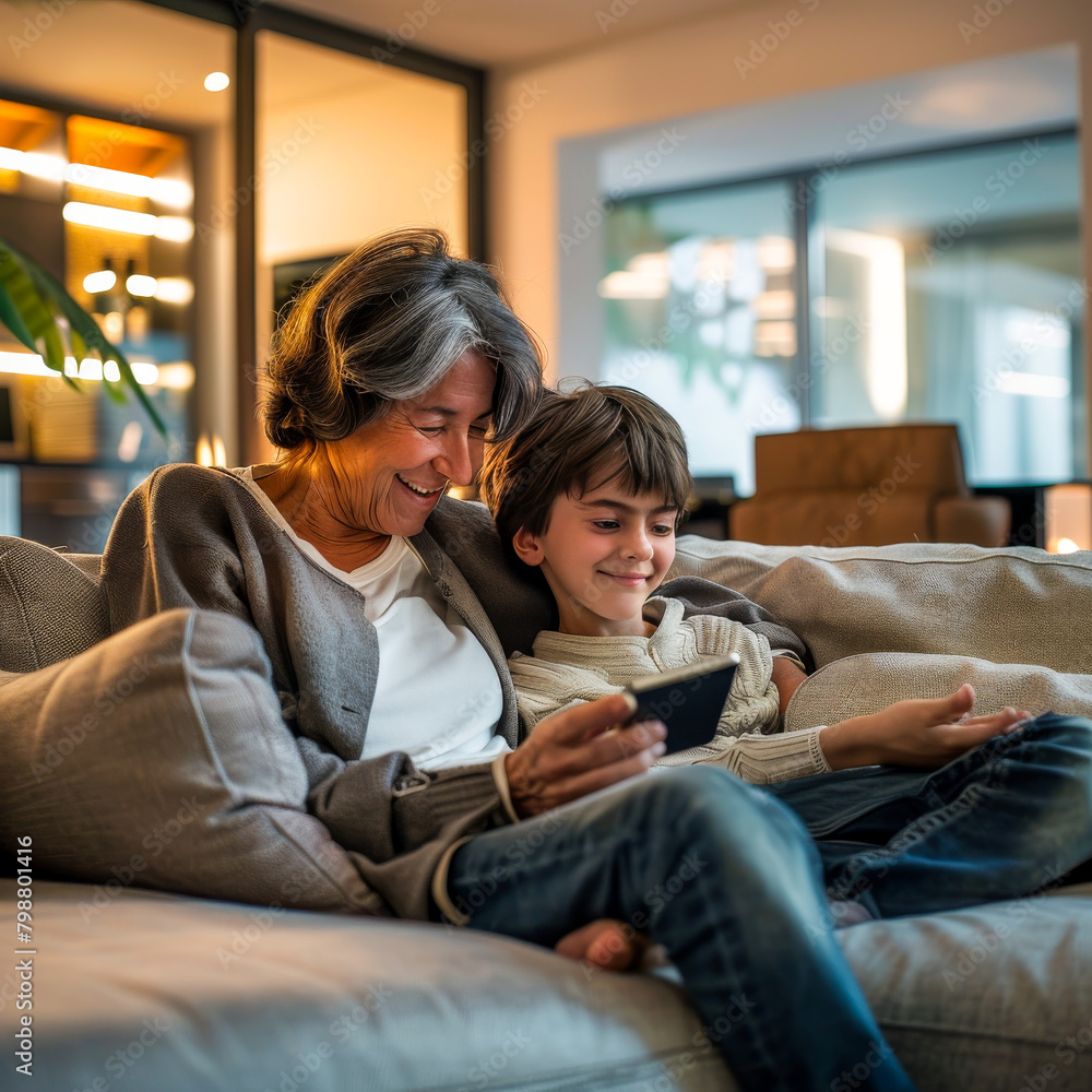 Latin Adult and Boy with Smartphone on Sofa

