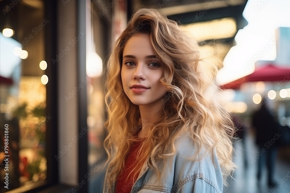 Portrait of a beautiful young woman with blond curly hair in the city