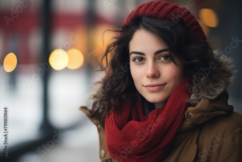Portrait of a beautiful young woman in winter clothes looking at camera