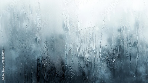 Water drops streaming on a window glass with grey city silhouette on background. Generative AI