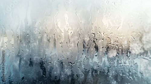 Water drops streaming on a window glass with grey city silhouette on background. Generative AI