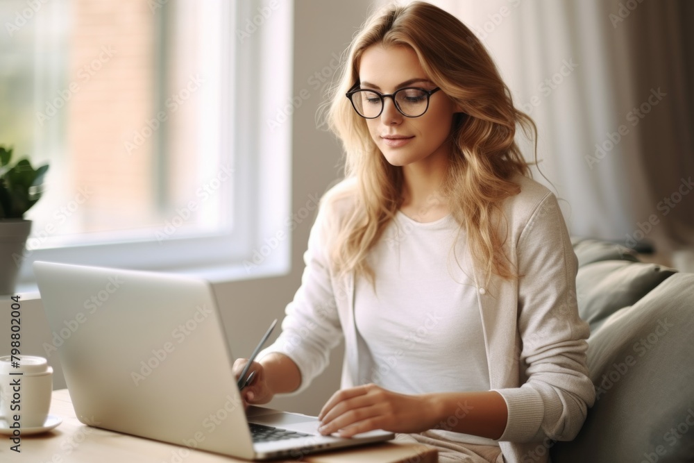 Pensive business woman noting idea for startup planning from web page on laptop computer, professional administrative manager making accountings of income using app on laptop in office interior Pensive business woman noting idea for startup planning from web page on laptop computer, professional administrative manager making accountings of income using app on laptop in office interior