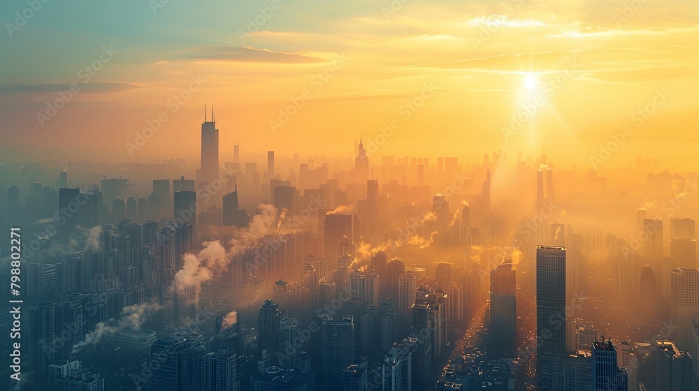 The sun rises above a bustling city skyline, casting a warm glow over the urban landscape enveloped in a hazy morning atmosphere.