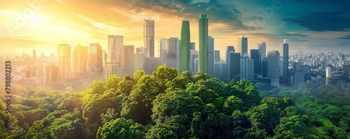 Cityscape with lush green trees and skyscrapers