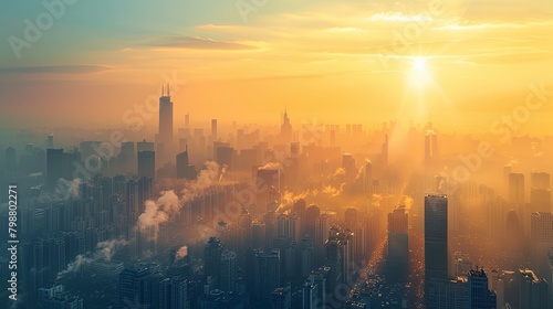 The sun rises above a bustling city skyline  casting a warm glow over the urban landscape enveloped in a hazy morning atmosphere.