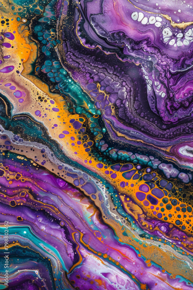 Textured surface of an acrylic pour painting, featuring colorful layers and fluid patterns. Acrylic pour painting textures offer a vibrant and artistic backdrop,