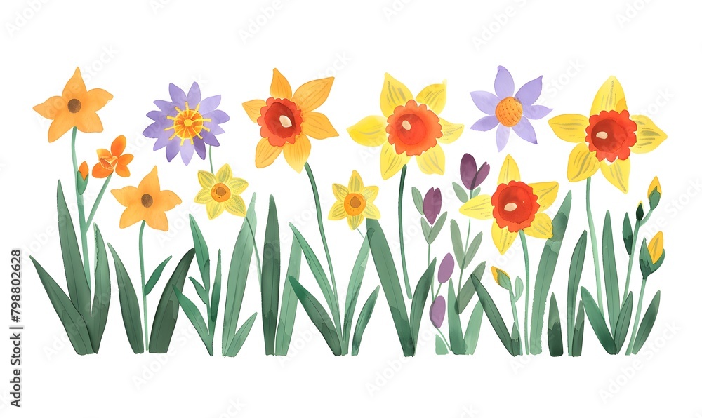 orange and purple blossoms and yellow daffodils with green leaves on a white background, Generative AI
