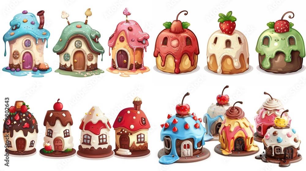 Fototapeta premium cute fairytale cartoon house clipart isolated on white background, pudding cake hut, Generative Ai 
