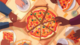 Diverse male and female hands taking triangle pizza
