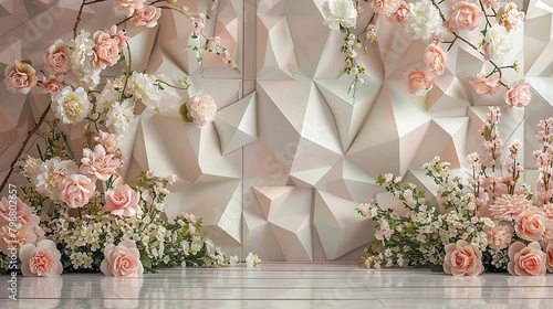 Soft peach and white floral blooms gracefully adorn an abstract geometric backdrop, creating an exquisite fusion of natural beauty and modern design.