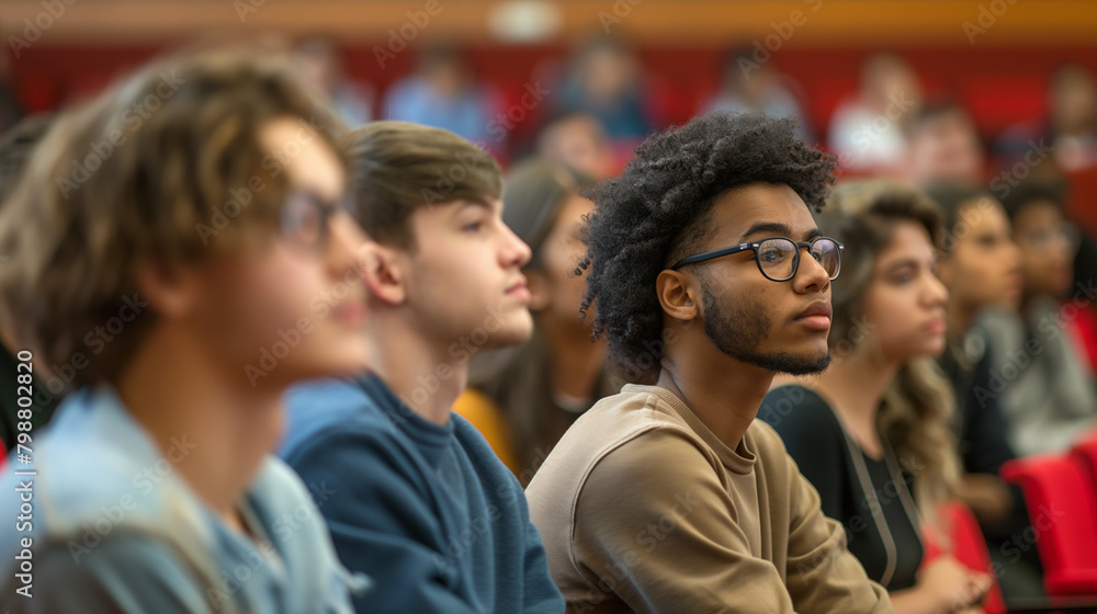 a college classroom, a diverse group of students gathers for an engaging lecture on an academic subject. The room is alive with the sound of voices a college classroom, a diverse group of students gathers for an engaging lecture on an academic subject. The room is alive with the sound of voices