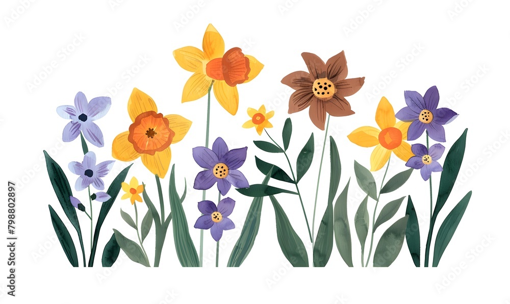 orange and purple blossoms and yellow daffodils with green leaves on a white background, Generative AI - obrazy, fototapety, plakaty 