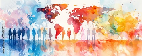 Colorful watercolor painting of the world map with silhouettes of people standing in front of it.