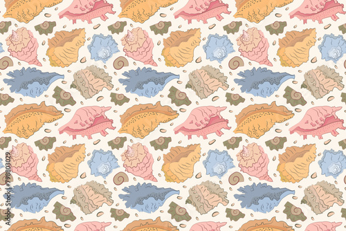 he seamless pattern of shells with a line and a spot. Simple hand drown picture. Orange, pink, blue colours. Vector illustration