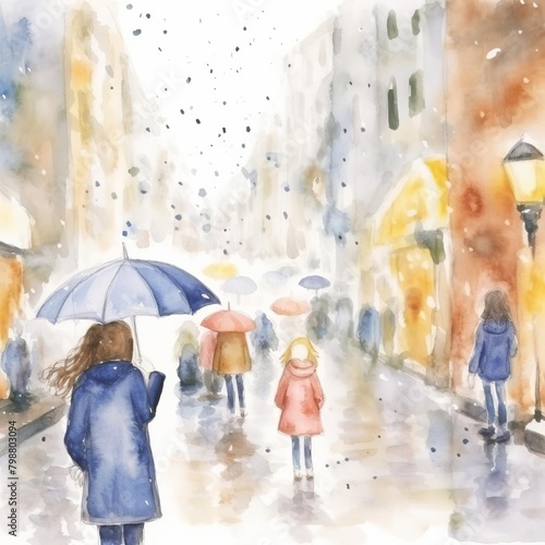 rainy street game watercolor, bustling rainy street game watercolor