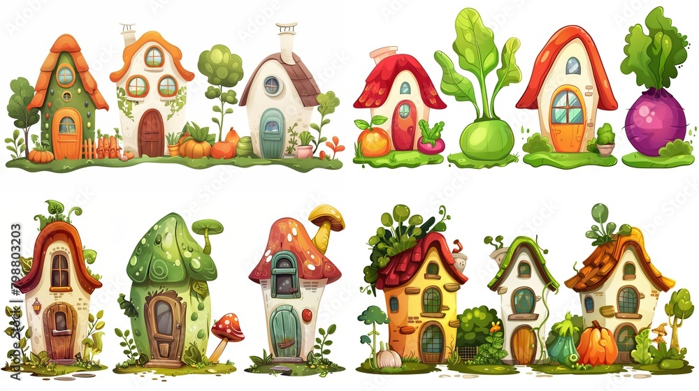 cute fairytale vegetable house in garden, collection set isolated on white background, Generative Ai cute fairytale vegetable house in garden, collection set isolated on white background, Generative Ai